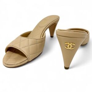 Chanel Quilted Lambskin CC Mules Beige Open Toe Mid Heel Size 39